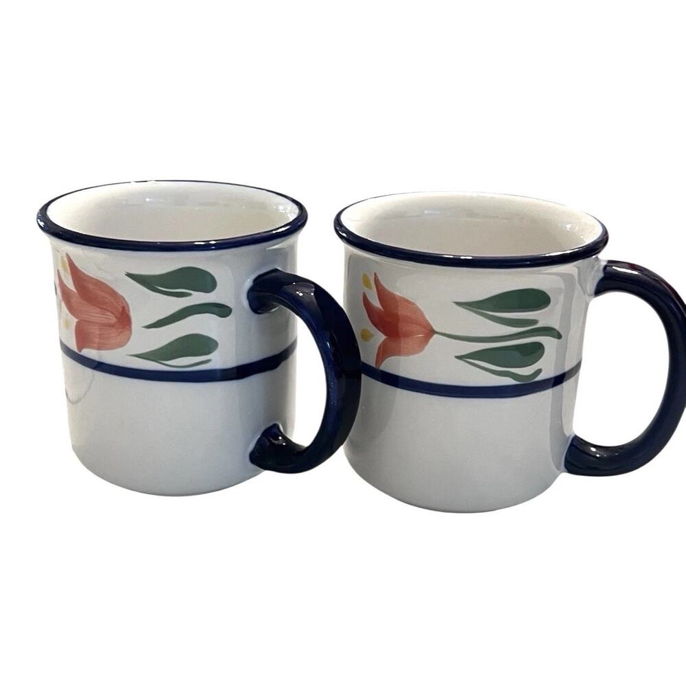 Vintage 2000 DANSK 2 Coffee Cups Mug Tulip Blue Yellow Peach Flowers Floral